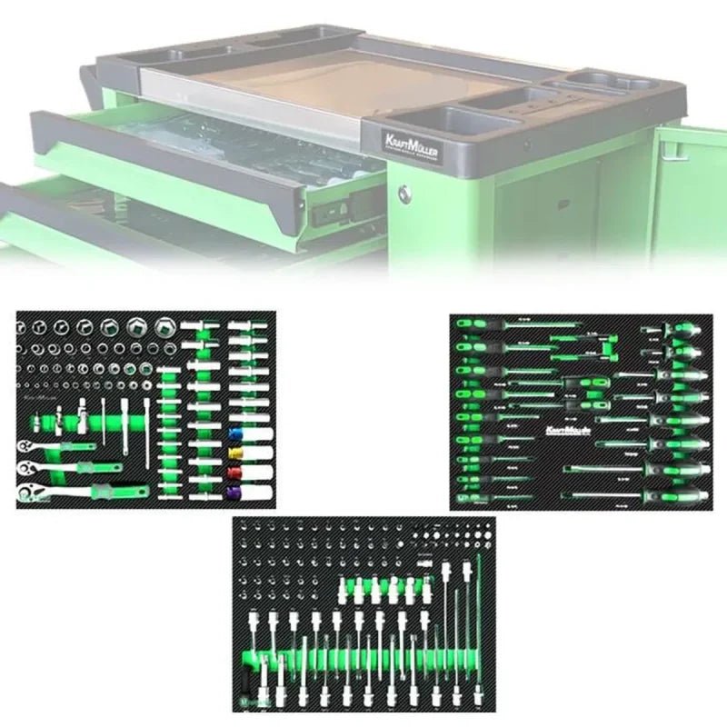 Servante d’atelier KraftMuller KM-7/6 VERTE 345 outils, clé Dynamo inclus – 7 tiroirs & 1 porte latérale