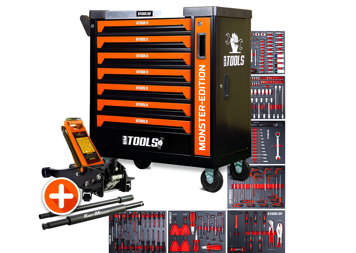 Servante d'atelier BM TOOLS 9/7 MONSTER-EDITION-ORANGE 7 tiroirs pleins 257 outils + Cric hydraulique Kraft Muller 2,25T ORANGE