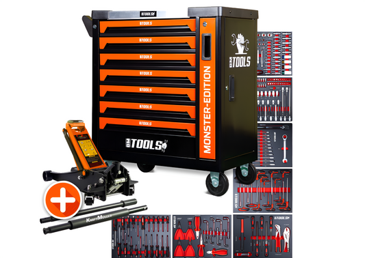 Servante d'atelier BM TOOLS 9/7 MONSTER-EDITION-ORANGE 7 tiroirs pleins 257 outils + Cric hydraulique Kraft Muller 2,25T ORANGE