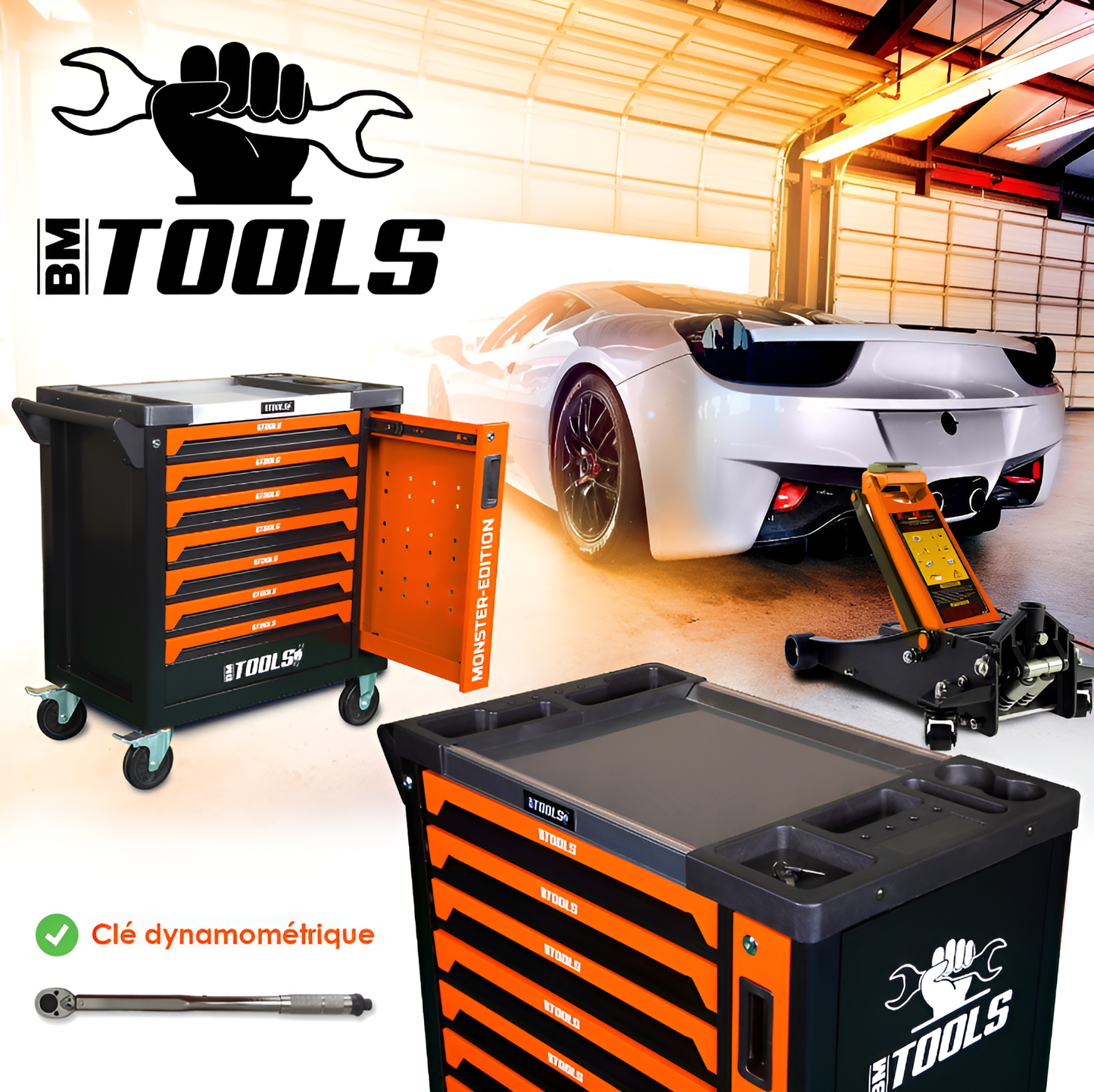 Servante d'atelier BM TOOLS 9/7 MONSTER-EDITION-ORANGE 7 tiroirs pleins 257 outils + Cric hydraulique Kraft Muller 2,25T ORANGE