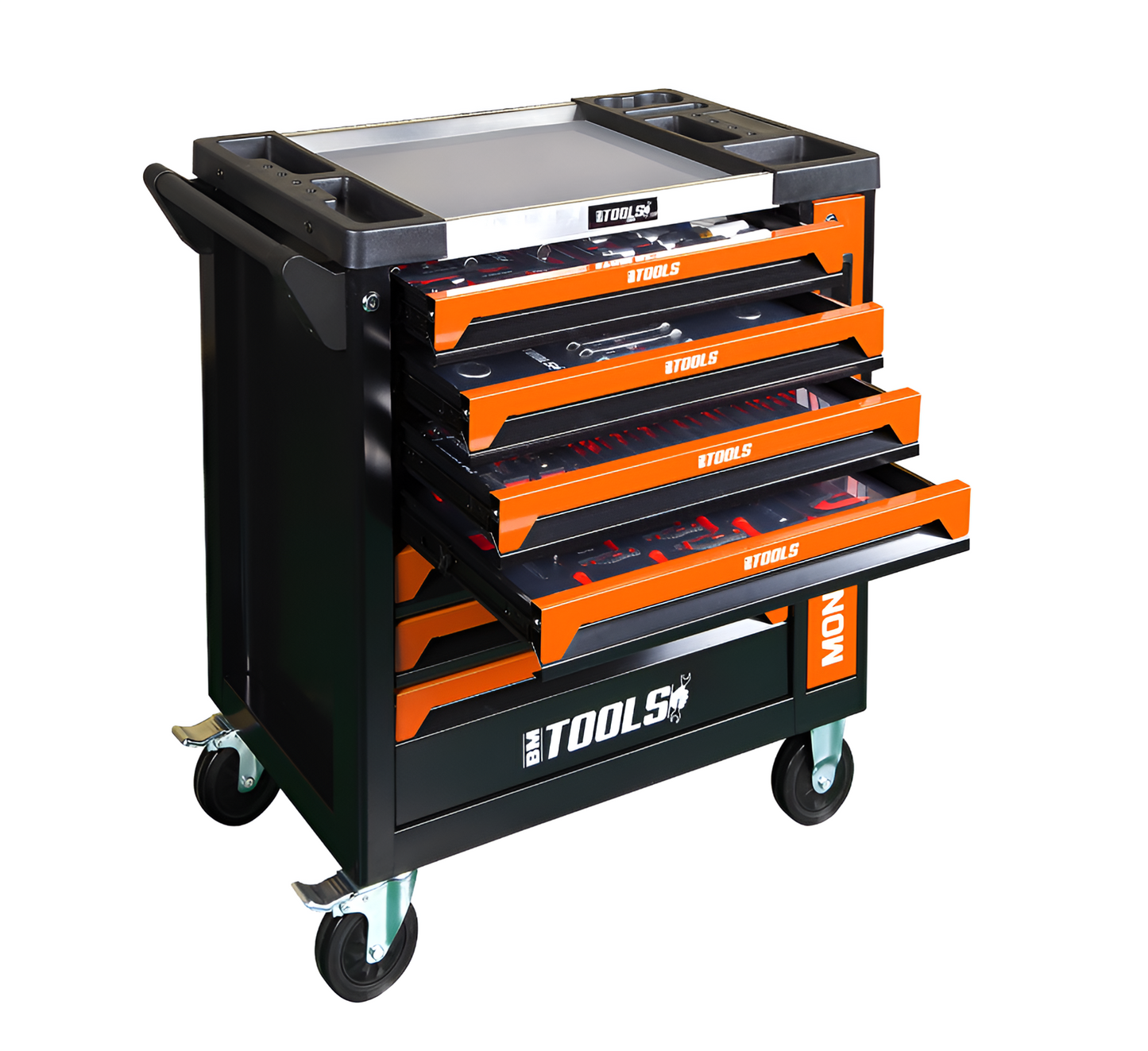 Servante d'atelier BM TOOLS 9/7 MONSTER-EDITION-ORANGE 7 tiroirs pleins 257 outils + Cric hydraulique Kraft Muller 2,25T ORANGE