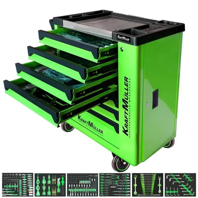 Servante d’atelier KraftMuller KM-7/6 VERTE 345 outils, clé Dynamo inclus – 7 tiroirs & 1 porte latérale