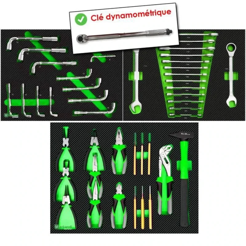 Servante d’atelier KraftMuller KM-7/6 VERTE 345 outils, clé Dynamo inclus – 7 tiroirs & 1 porte latérale
